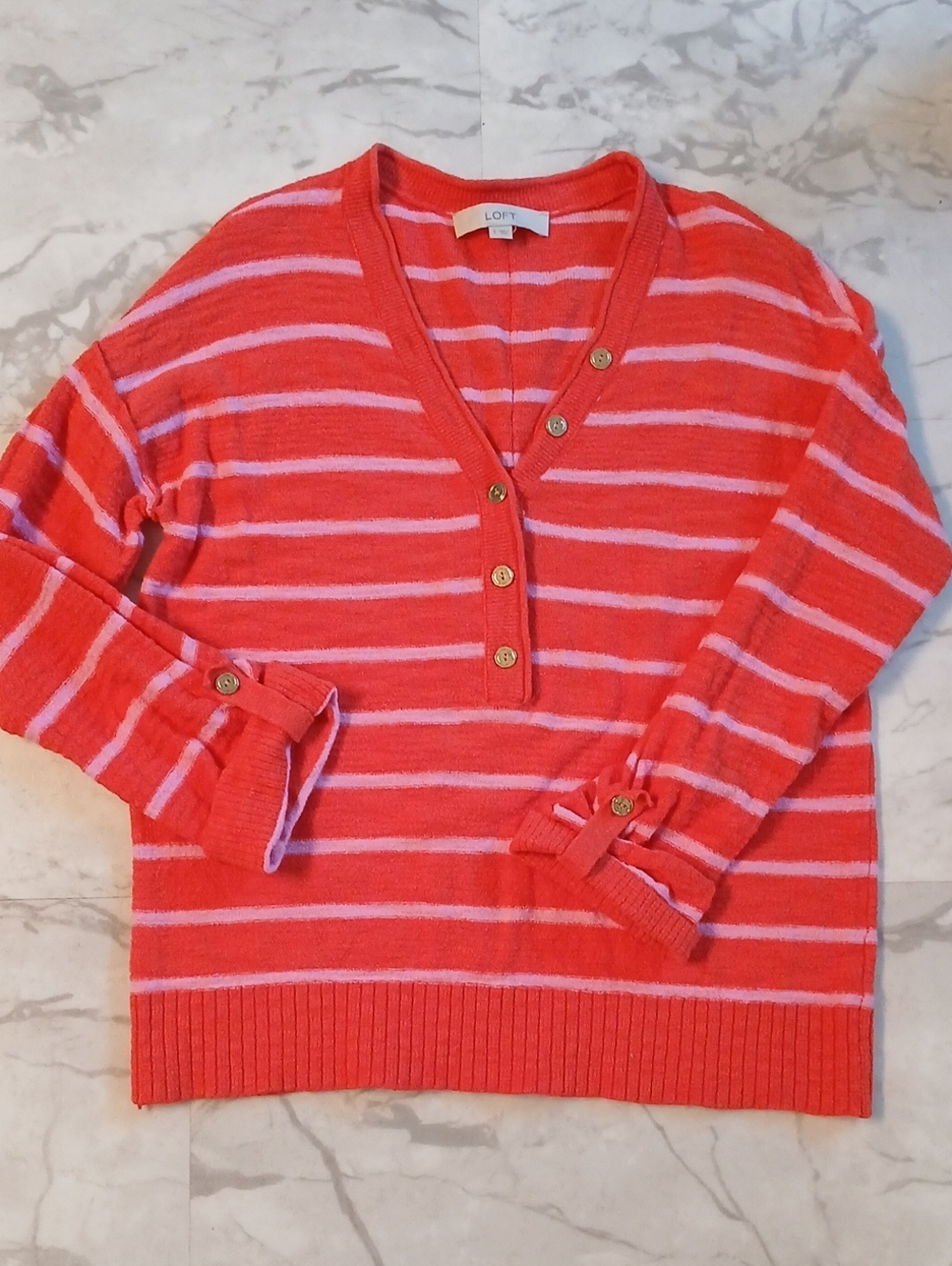 LOFT Coral & Light Pink Striped V-Neck Button Light Sweater Knit Pullover